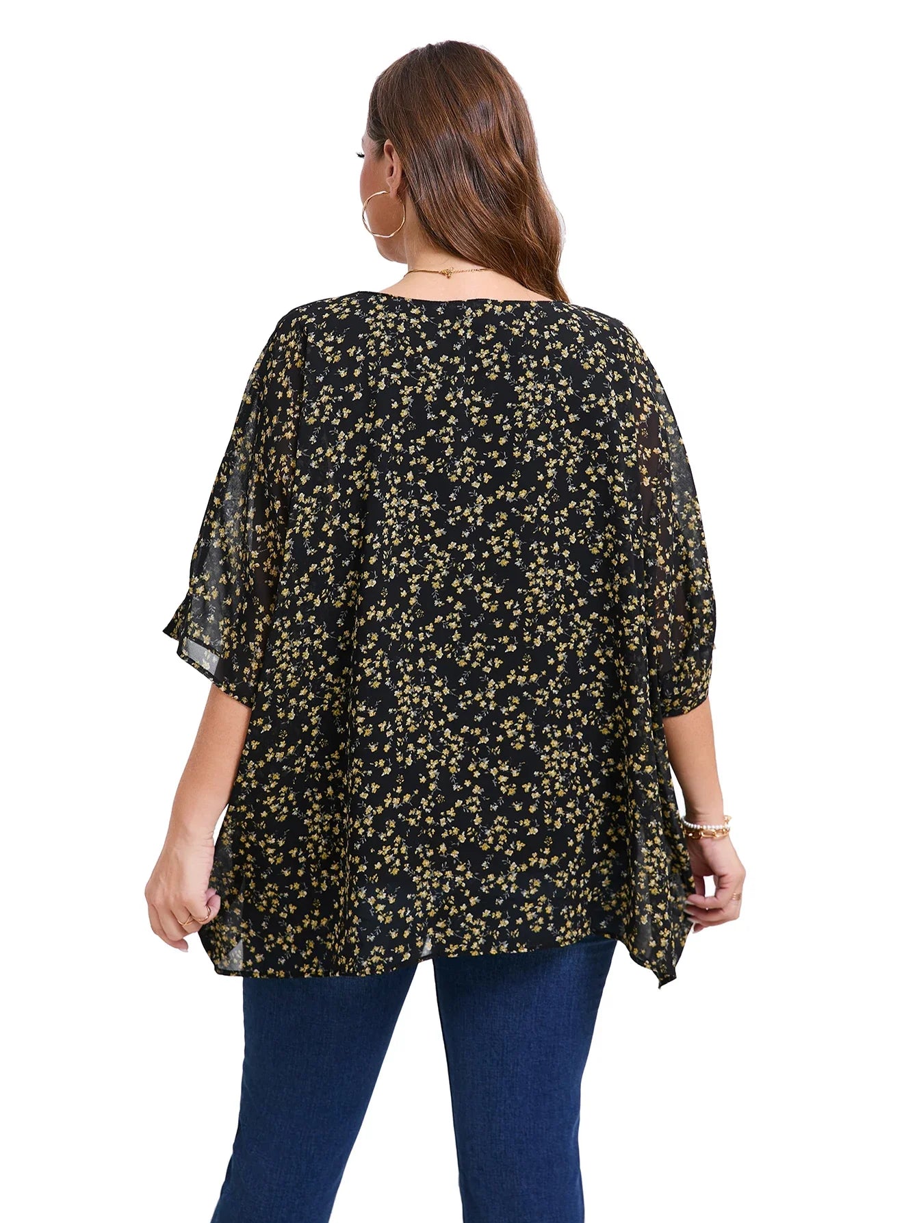 Summer Blouse Batwing Sleeve Oversized Chiffon  Scoop Neck  Casual