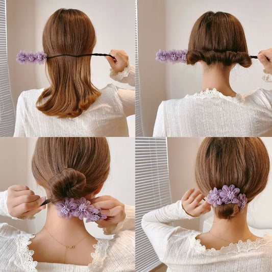 Elegant Shell Pearl Lazy Hair Curler Bow Barrettes Braided Hair Artifact Vintage Women Flower Hair Maker Tools Scrunchies