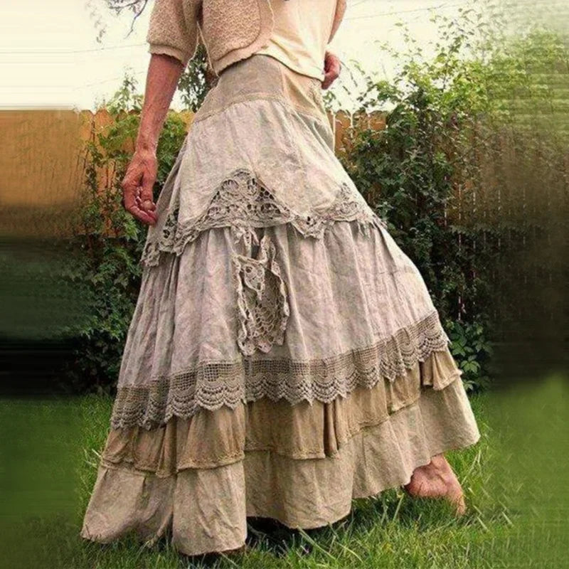 Vintage Ruffles  Maxi  Lace Long  Low Waist Prairie Chic Dropped Skirt