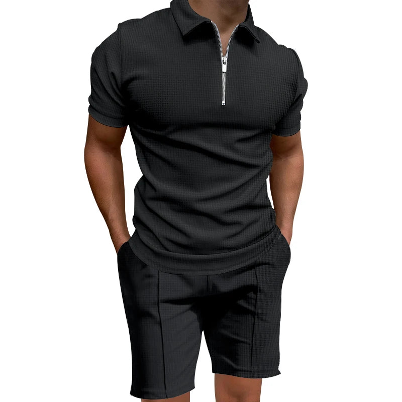 Cross border men's polo shirt set solid color waffle short sleeve slim lapel t-shirt casual men's shorts set