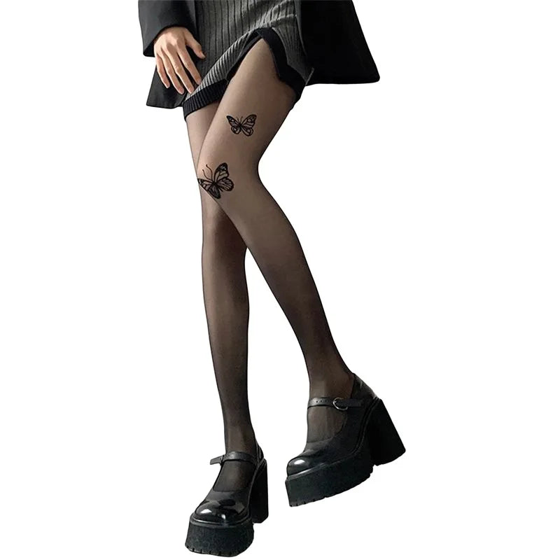 Floral Lace High Waist Tights Sheer Pantyhose  Stockings with Bow Detail and Back Seam