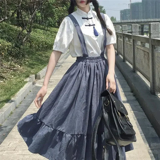 Preppy Style Strap Long Skirt Ruffles Loose