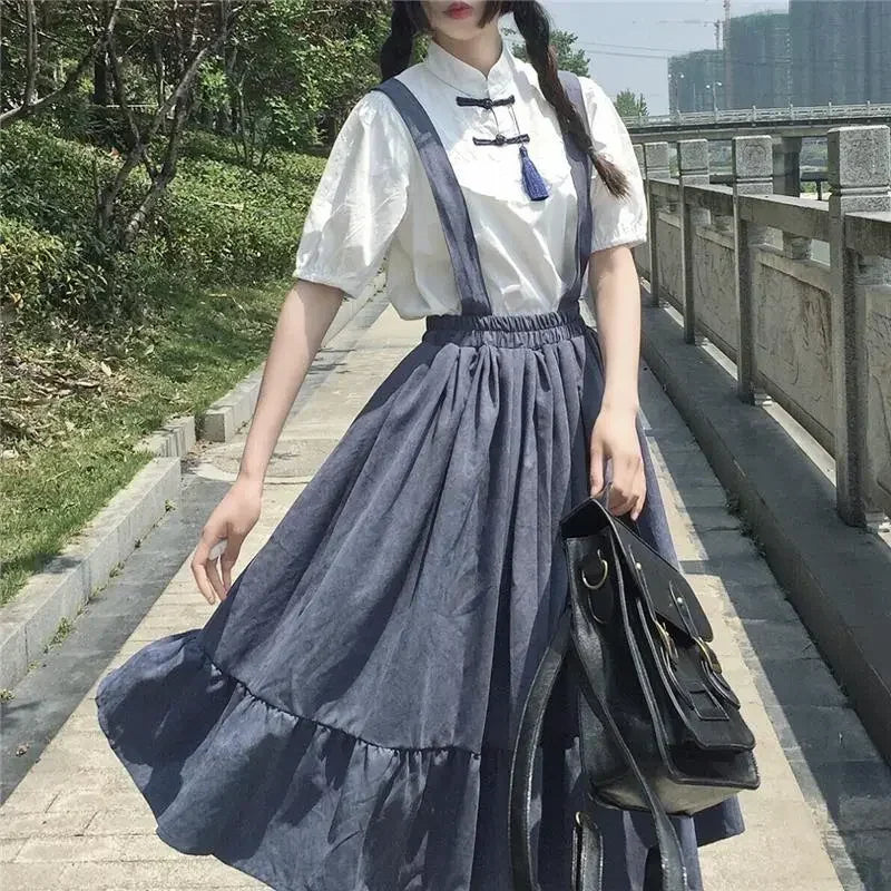 Preppy Style Strap Long Skirt Ruffles Loose