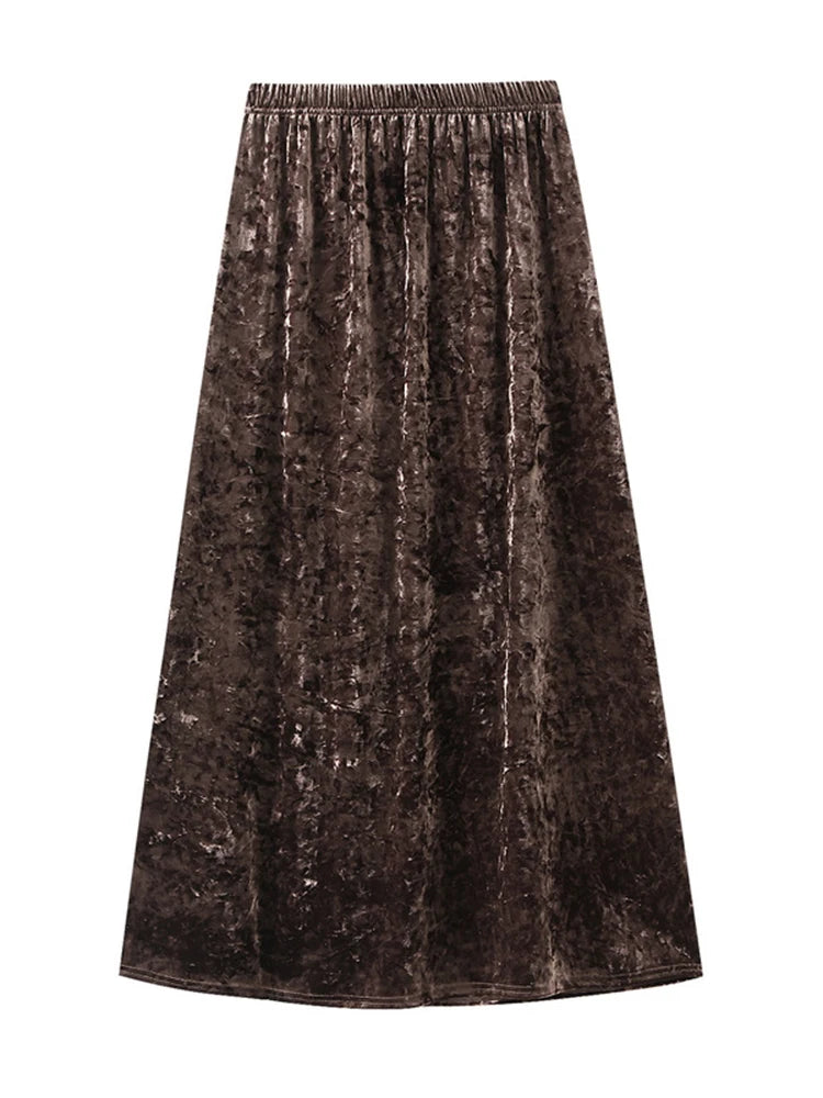 Elegant Velvet Party Women's Skirt Elastic High Waist A-line  Loose Long