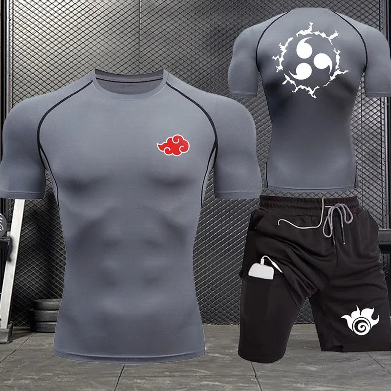Jogging Breathable Compression Sportswear Summer Men's Training Two-piece Tight T-shirt Fitness Shorts Gym Workout Set S-3xl