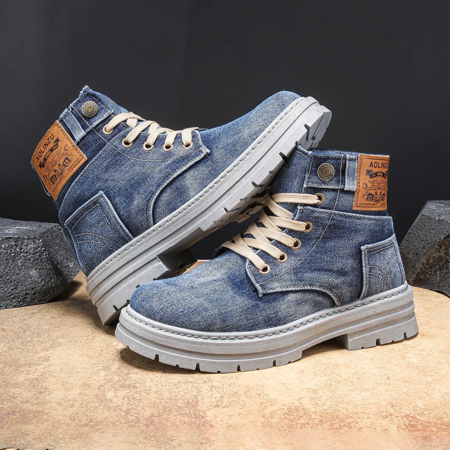Retro Canvas Boots for Men Trendy Working Shoes High Top Men Ankle Boots Outdoor Street Style Platform Boots