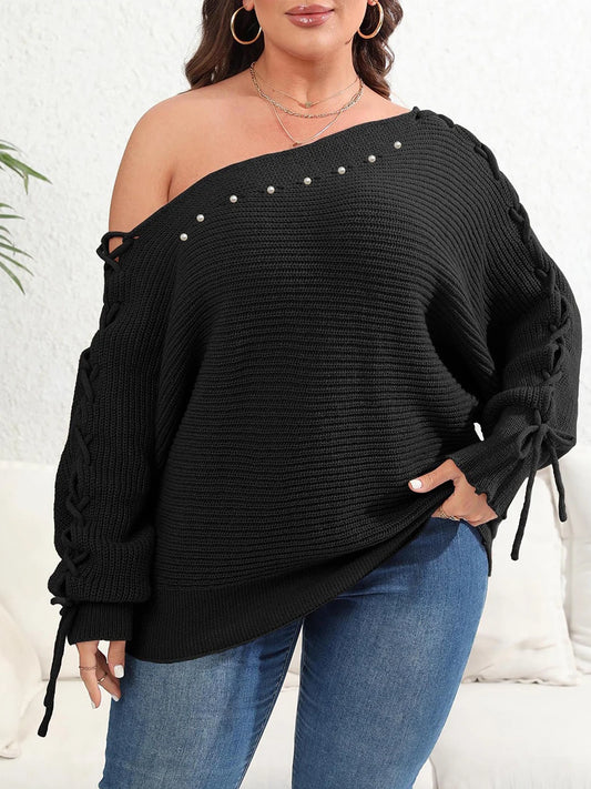 Women s Plus Size Sweater Cozy Cable Knit Off Shoulder Long Sleeve Pullover with Tassel Detail Casual