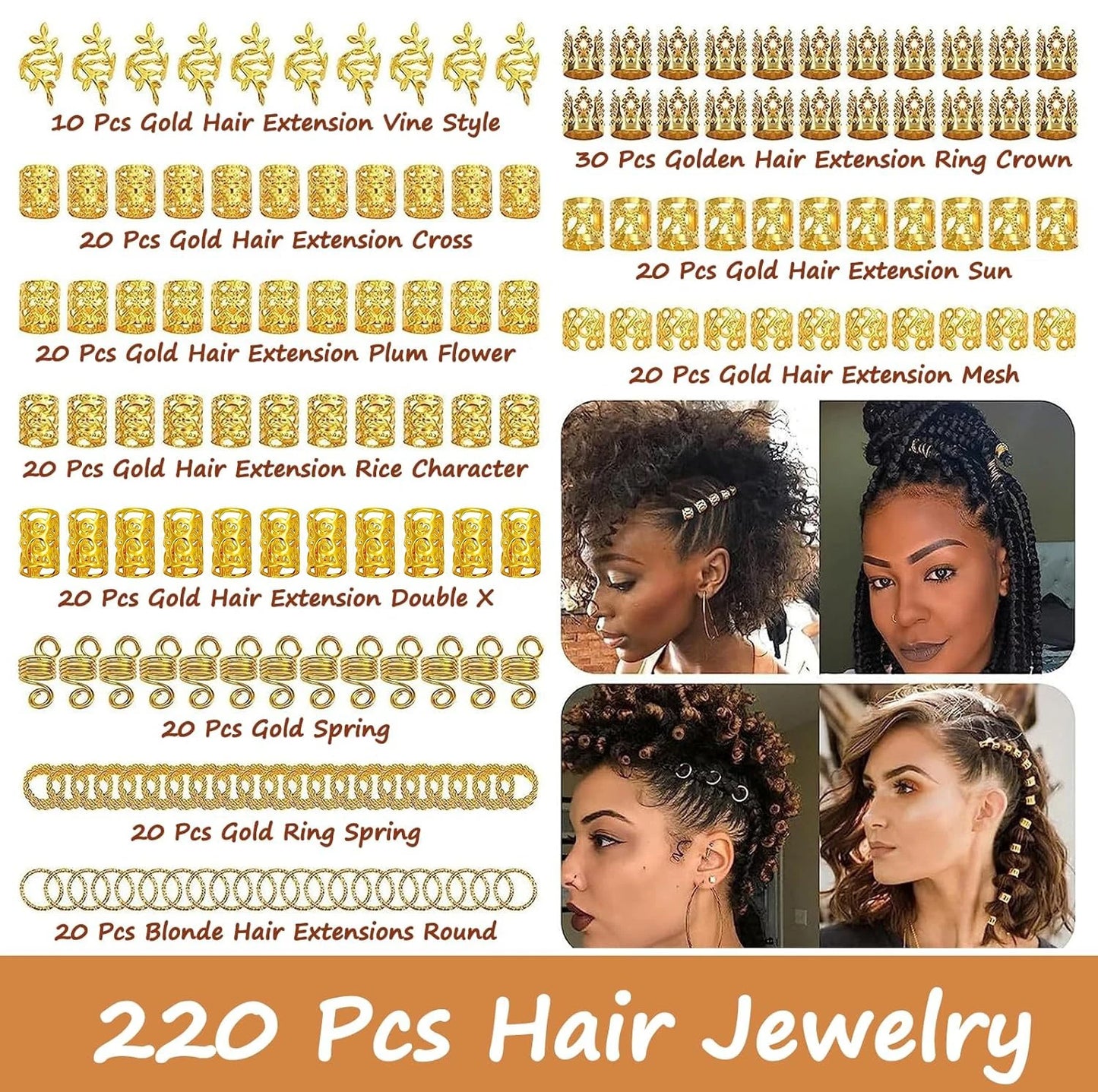 220pcs Dreadlock Hair Rings Adjustable Cuffs Clip Hair Braids Bead Hairpin hair accessories Headwear for women