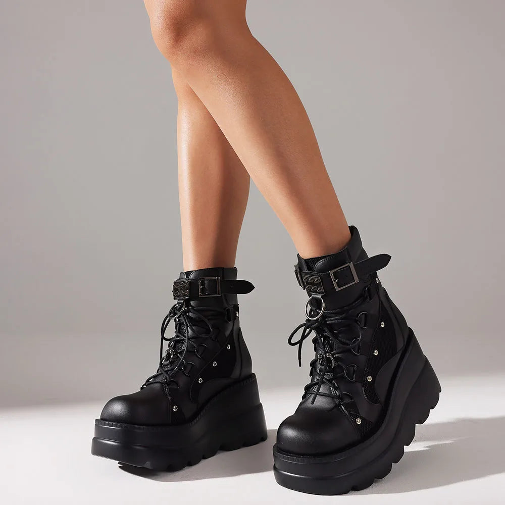 Punk Ankle Boots Platform Back Zipper Buckle Round Toe Lace-up Chunky High Heeled