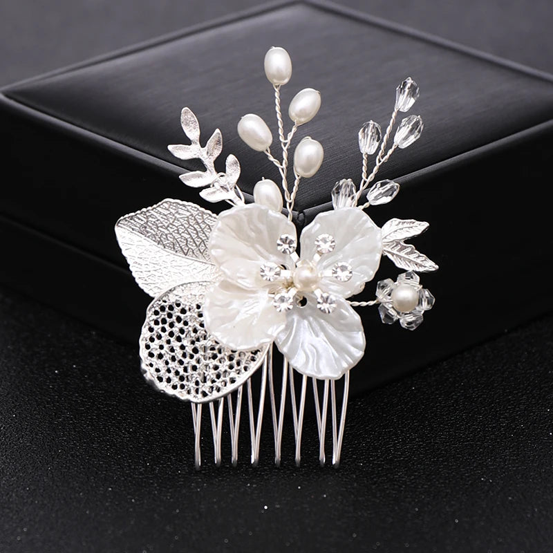 Gold Or Silver Pearl Flower Leaf Crystal Hair Comb Pin Band  For Women Wedding Bridal Hair Accessories Jewelry Comb Gift