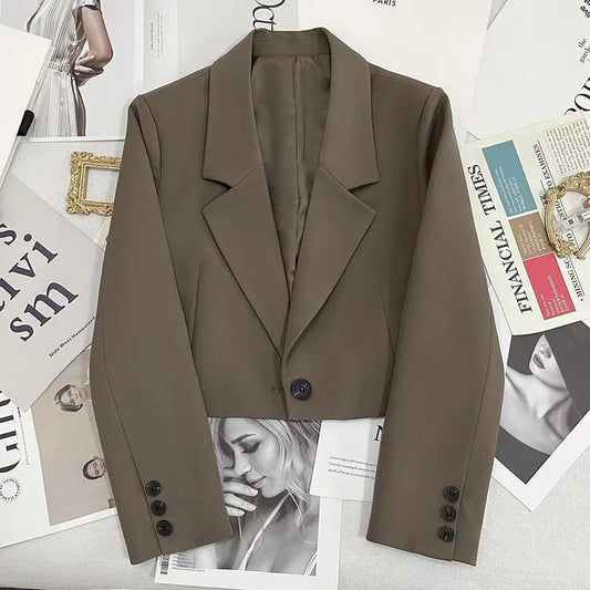 Cropped Blazers Woman Trend  All-match Notched Collar Crop Jacket Women Chic Single Button Suit Coat