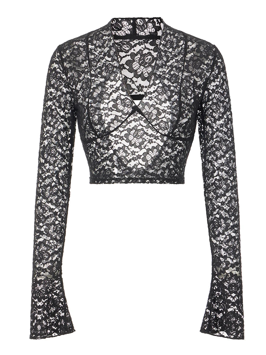 Elegant Lace Tops with Flared Sleeves and Tie-Up Back Detail for Women s Casual Chic Blouses
