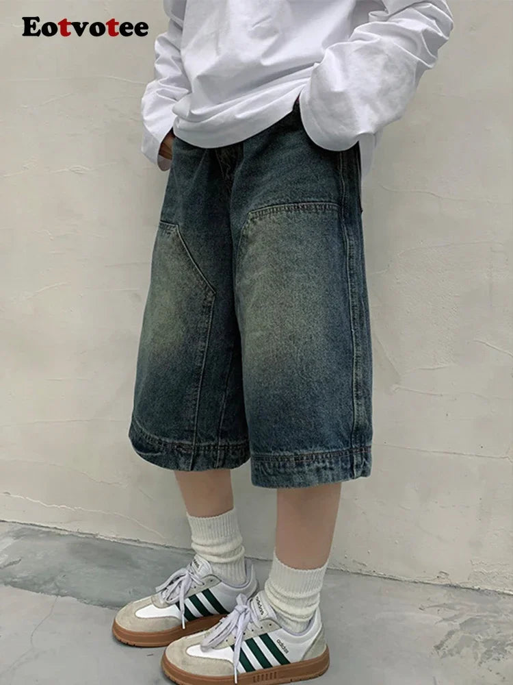 Fashion Vintage Jeans for Women Casual Blue Loose Button Fly Shorts  Straight Pants