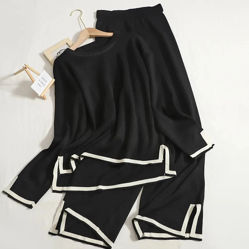 Elegant O-neck Side Slit Pullover Long Sleeve Sweater + Wide Leg Pants 2 Piece Sets Women's  Solid Color Casual Pantsuit