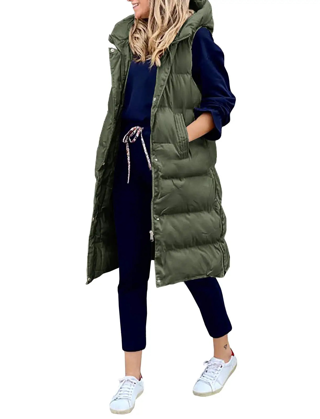 Down Vest with Stand Collar Thick Hooded Sleeveless Long Vest