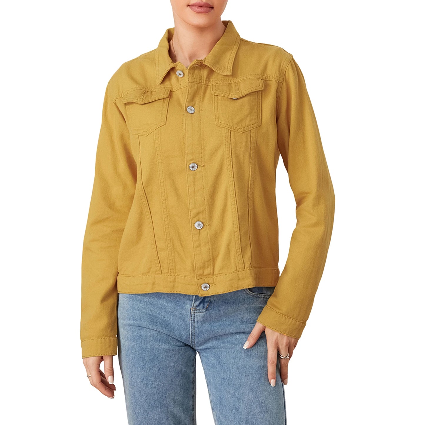 Solid Color Denim Jacket  Lapel Button Cardigan Jean Jacket  Casual Long Sleeve Short Coat