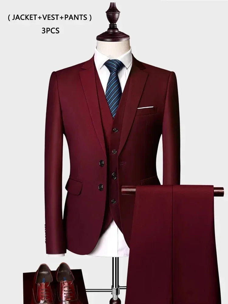 ( Jacket +Vest+ Pants ) Luxury Men's High-end Brand Solid Color Business Office Suit 3Pcs & 2Pcs Groom Wedding Party Suit Tuxedo
