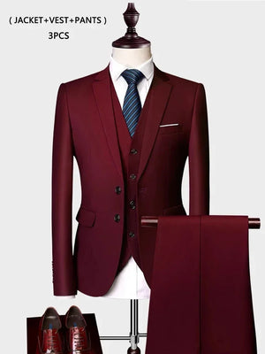 ( Jacket +Vest+ Pants ) Luxury Men's High-end Brand Solid Color Business Office Suit 3Pcs & 2Pcs Groom Wedding Party Suit Tuxedo