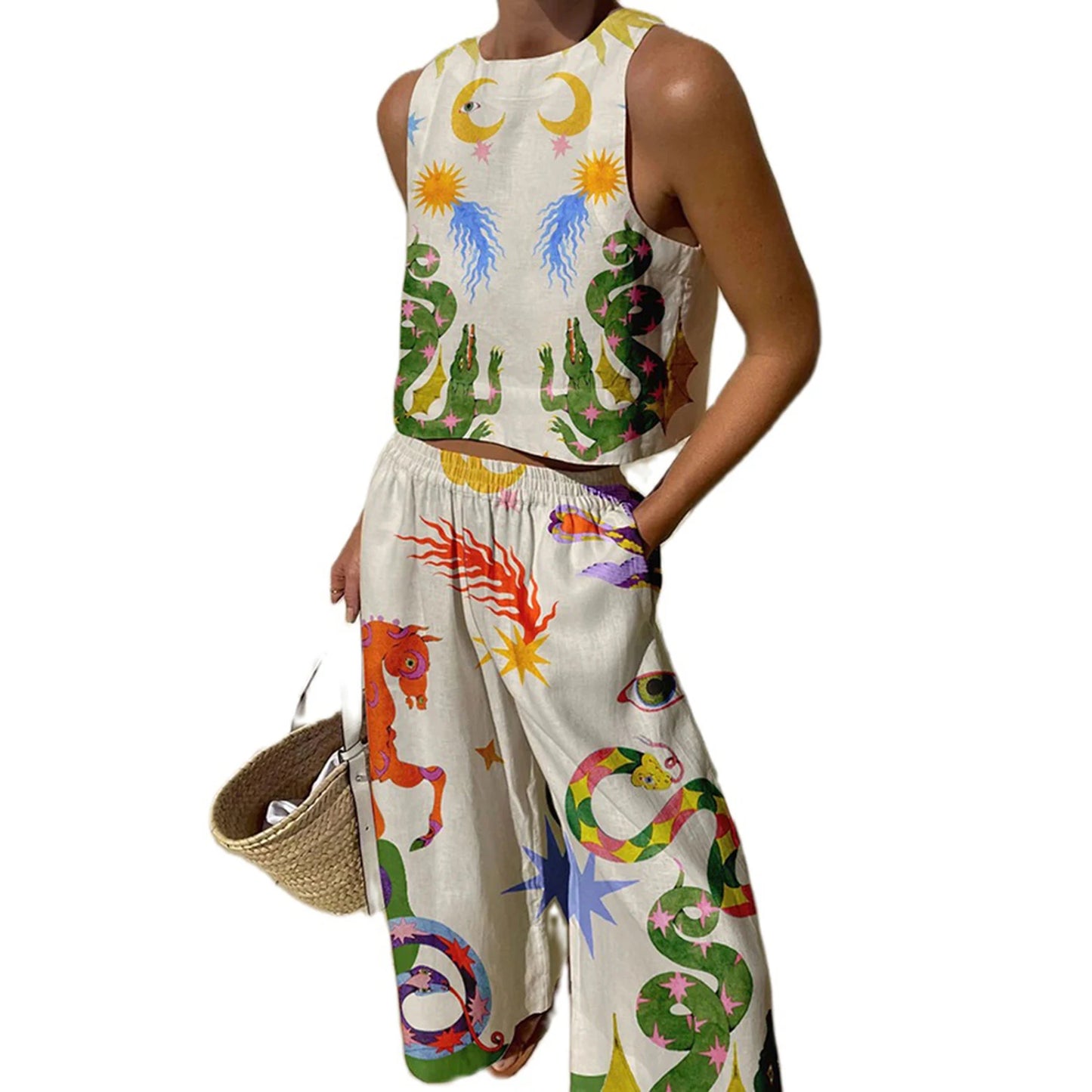Women s Retro Style Crop Top and High Waisted Wide Leg Pants Set with Abstract Print Sleeveless Tank Top and Loose Fit