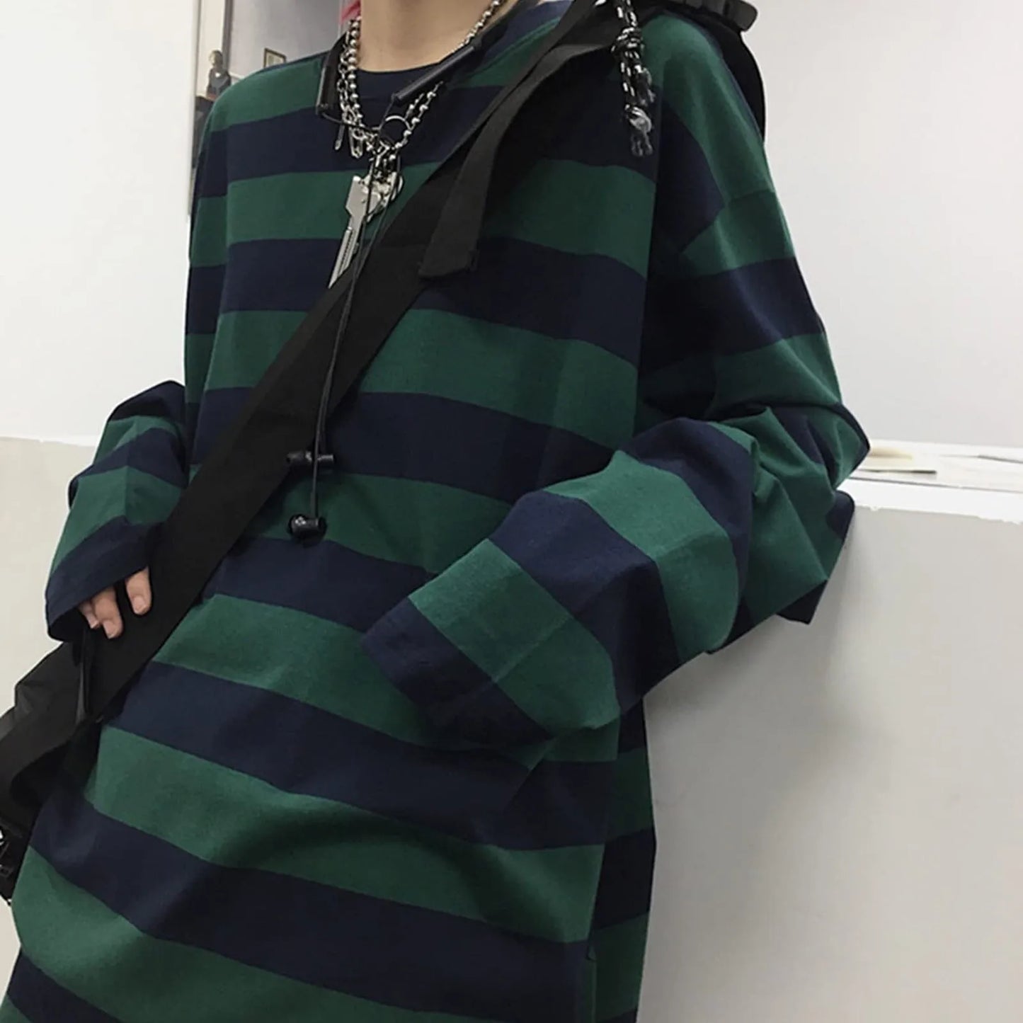 Women Striped T-shirt Long Sleeved Bottoming Shirt Women Crew Neck Loose Oversized Tops