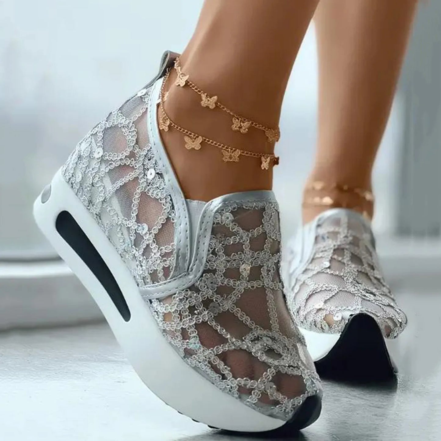 Ladies Breathable Knitted Mesh Sneakers Women's Tennis Shoes Pointed Flat Bottomed Single Shoes Female Sneakers