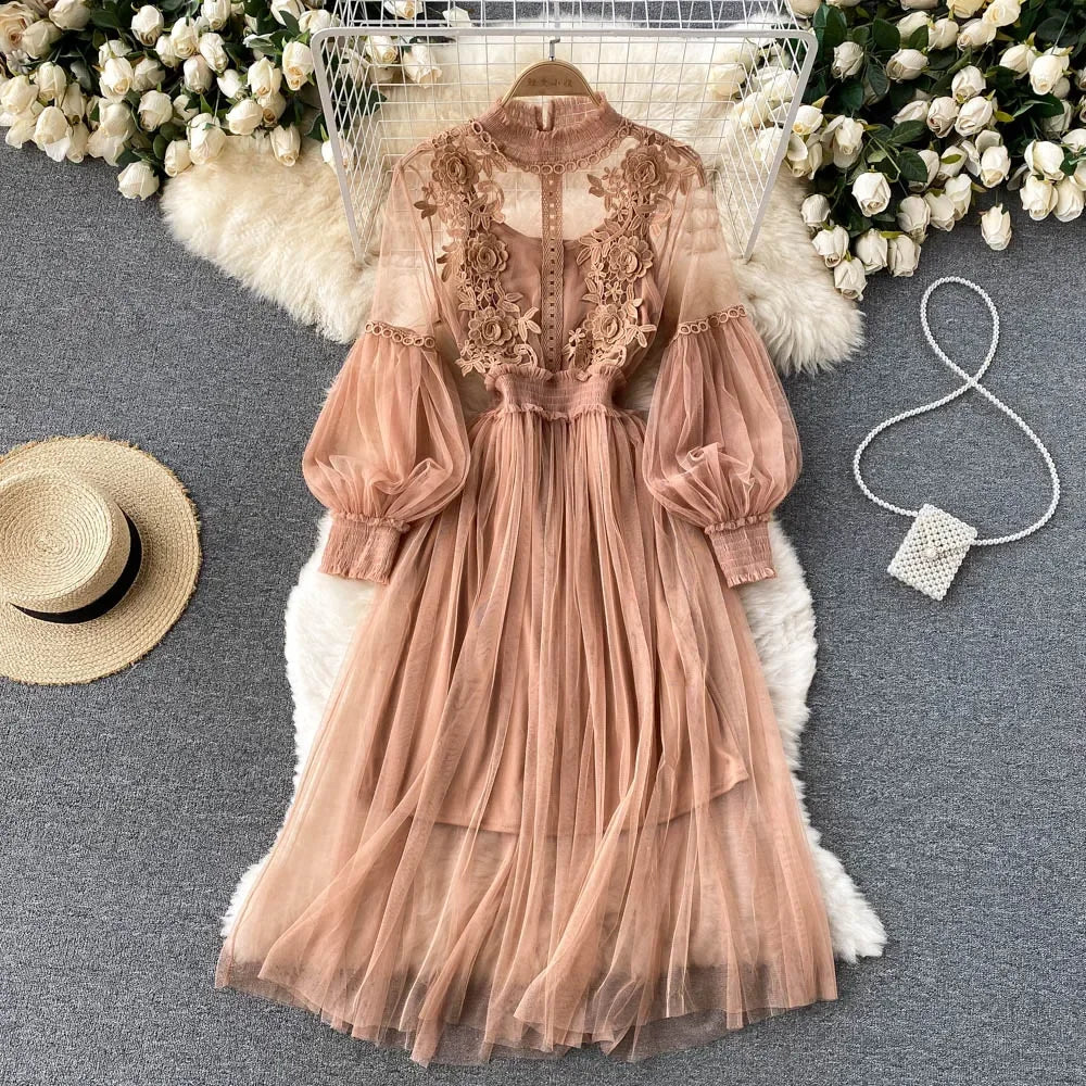 Ladies Dress Three-dimensional Flower Hook Mesh Stand Collar Lantern Sleeve High Waist Female Dresses