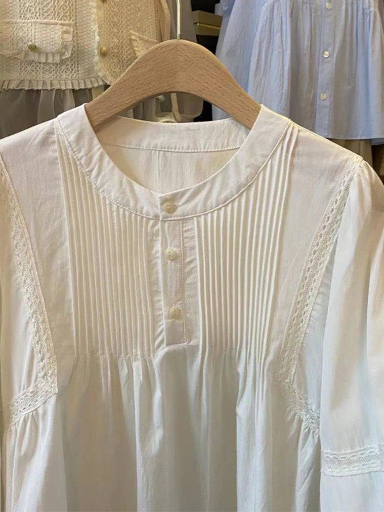 Striped Puff Sleeve Pleated Patchwork Spring Autumn Shirts Casual