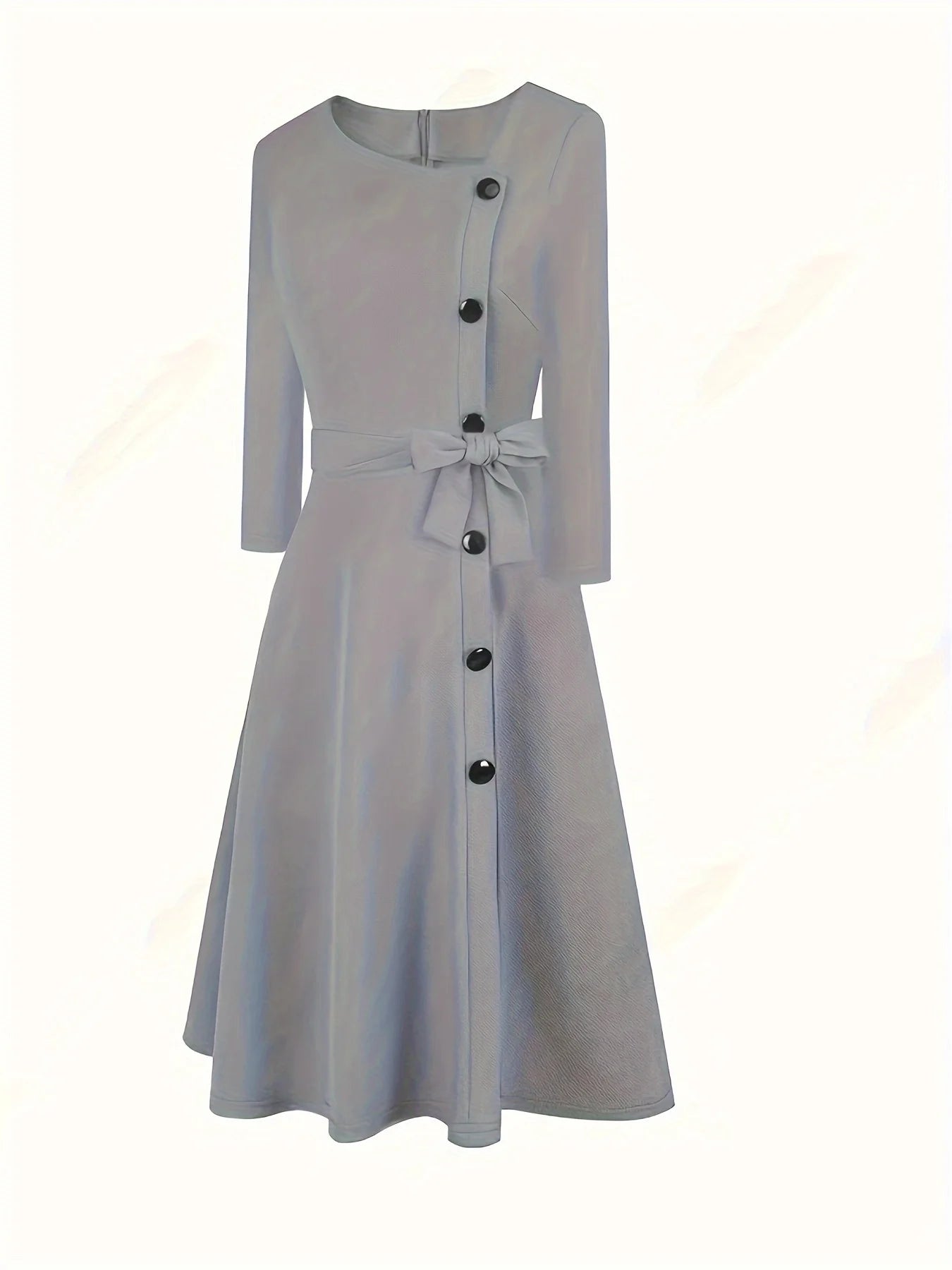 Asymmetrical Collar Casual Bow Button  Solid Color  A Line Dress Knee Length