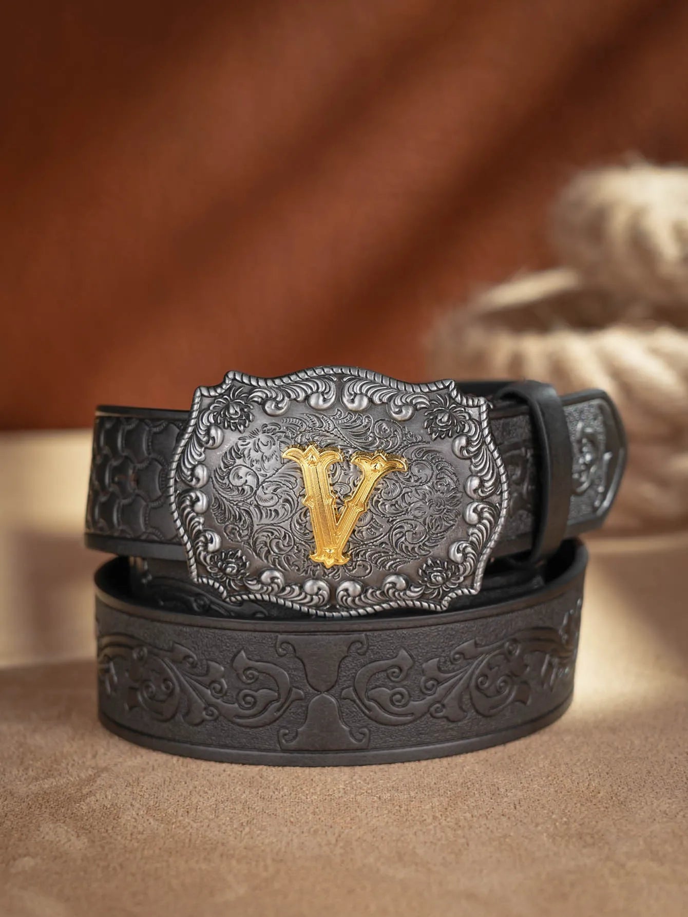 Western Cowboy PU Leather Belt  Waist Strap Bull Decoration Floral Engraved for Jeans