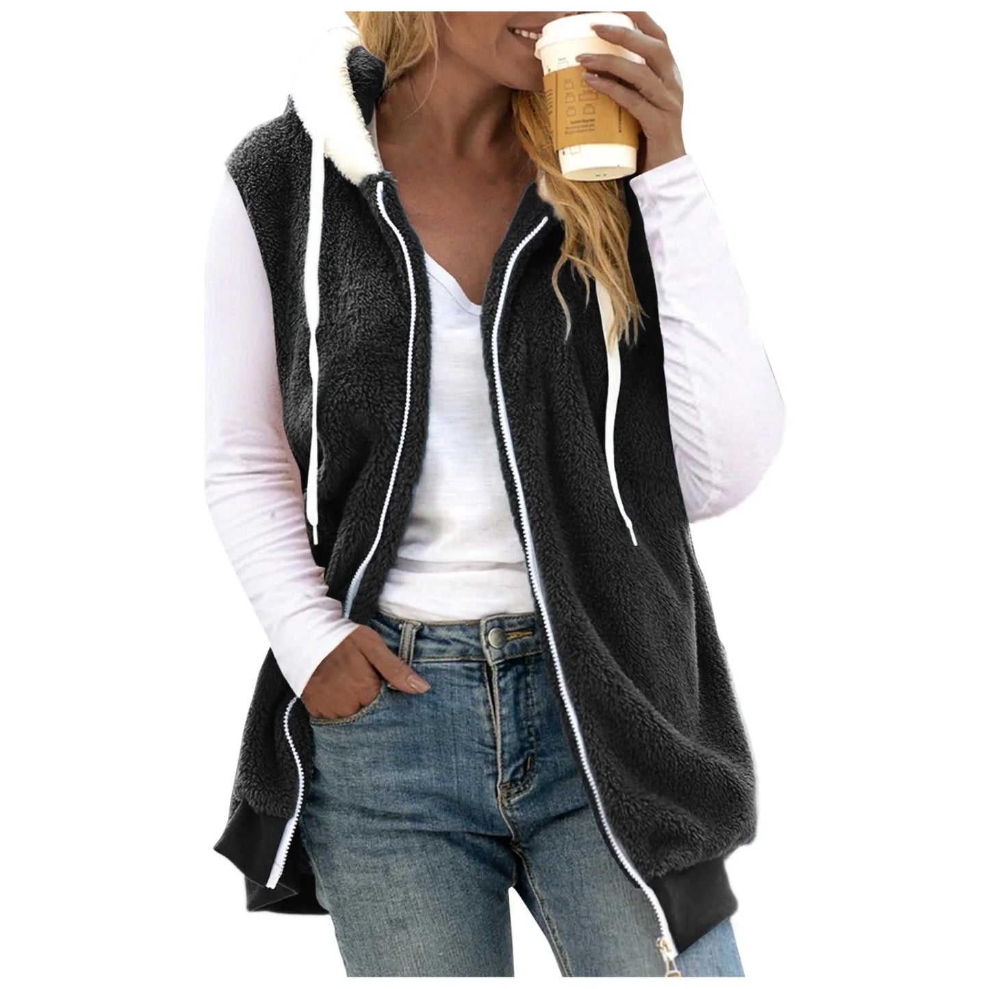 Plus Size Vests Outerwear Women Plush Sleeveless Hooded Vest Jackets Zip-Up Fleece Waistcoat
