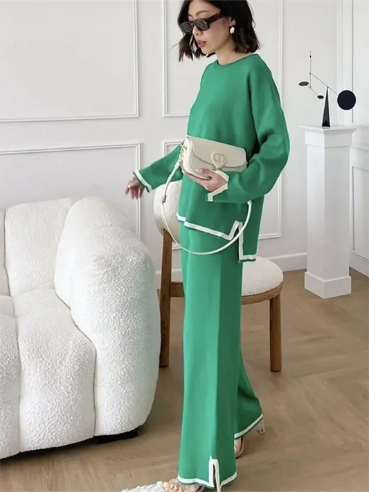 Elegant O-neck Side Slit Pullover Long Sleeve Sweater + Wide Leg Pants 2 Piece Sets Women's  Solid Color Casual Pantsuit