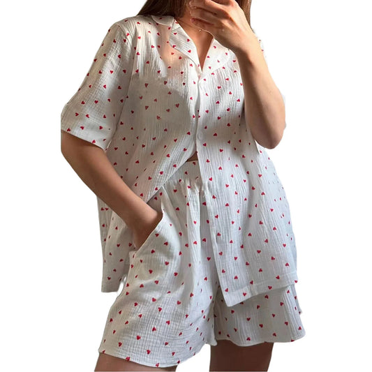 Women s Lightweight Pajama Set V-Neck Button Up Short Sleeve Shirt Elastic Waist Shorts with Cute Heart Pattern 2 Piece