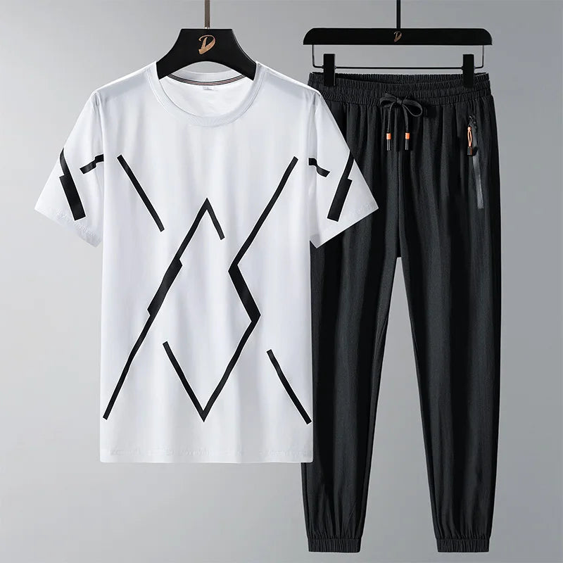 Men T Shirt Suit Pants 2 Piece Set Oversize 6XL 7XL 8XL Plus Size Short Sleeve Black T-shirts Summer Fashion Loose