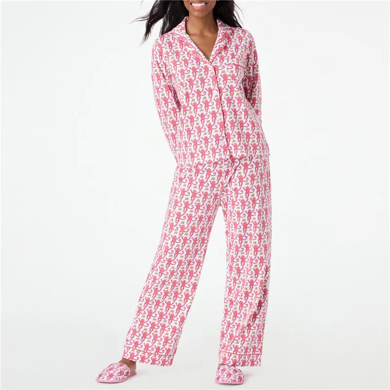 Roller Rabbit Monkey Pajamas Preppy Pjs Pants Sets For Women  Long Sleeve Pajamas Set 2 Piece Loungewear