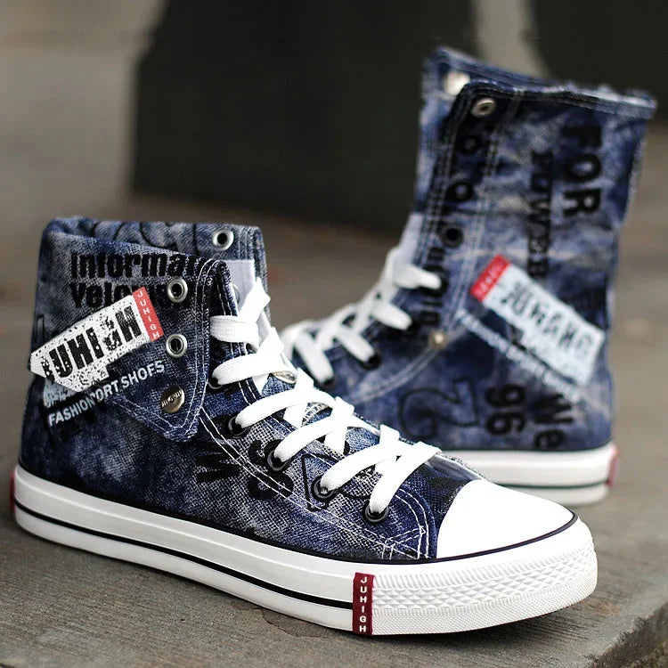 Men's High-top Canvas Shoes Black Denim Blue Denim Color Turn-down Trendy Shoes Casual Breathable Board Summer