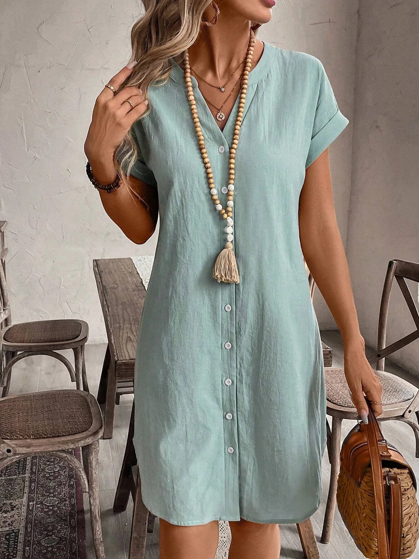 Solid color notched buttons front bat wing sleeve shirt dress