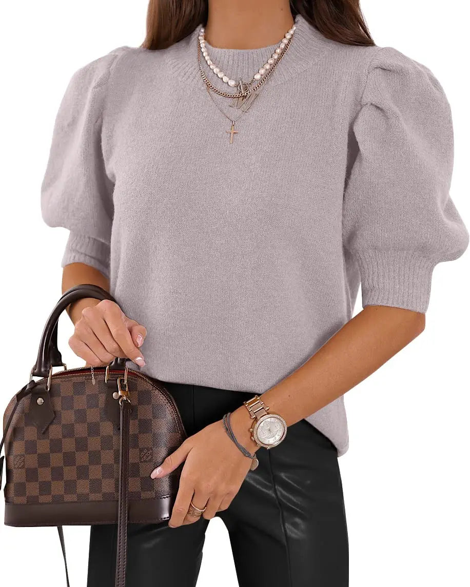 Women's Puff Short Sleeve Sweater Knitted Pullover Trendy Solid Crew Neck Casual Crop Tops Sweater