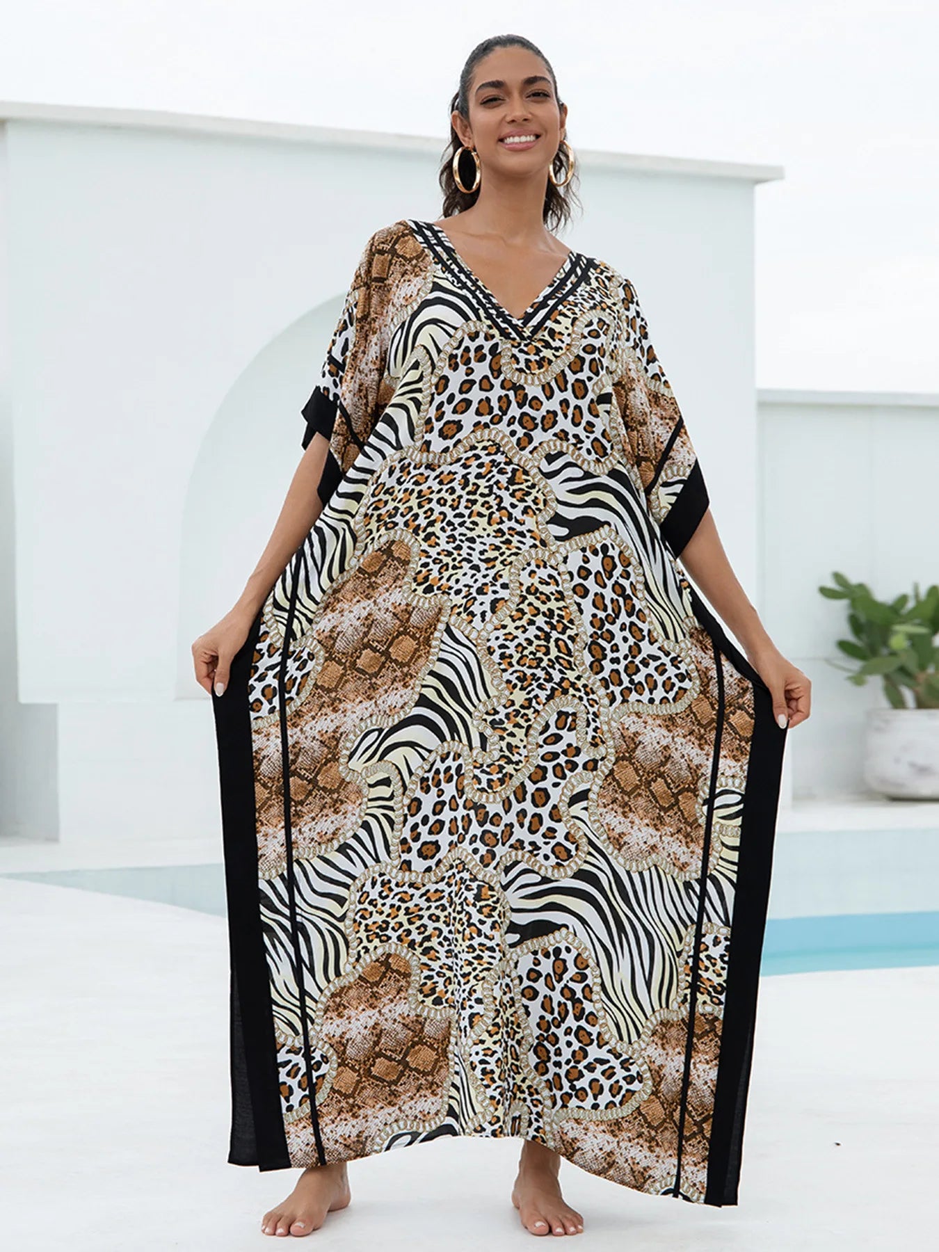 Leopard Print Women  Loose Fitting Long Robe Beach Vacation V-neck Sunscreen Clothing Kaftan