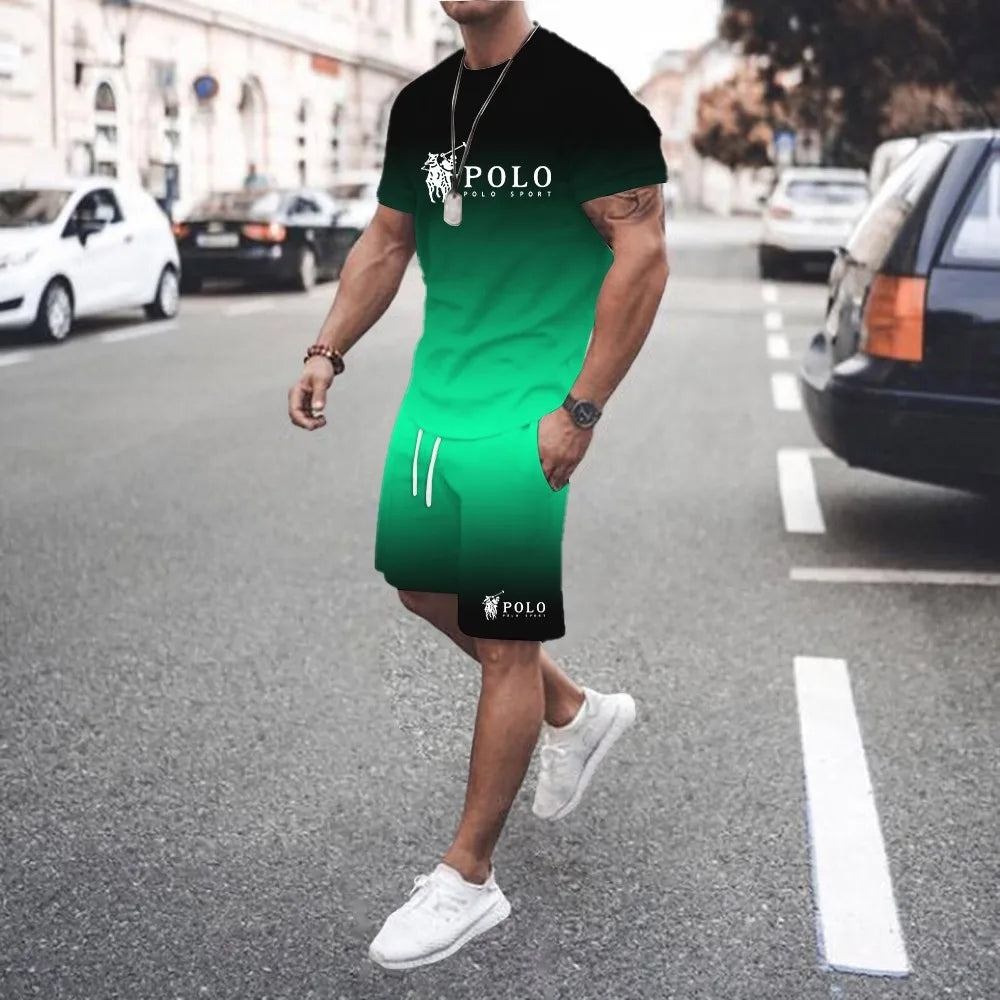 Trendy and fashionable street style 3D men's gradient letter print pattern suit T-shirt casual T-shirt shorts two-piece set