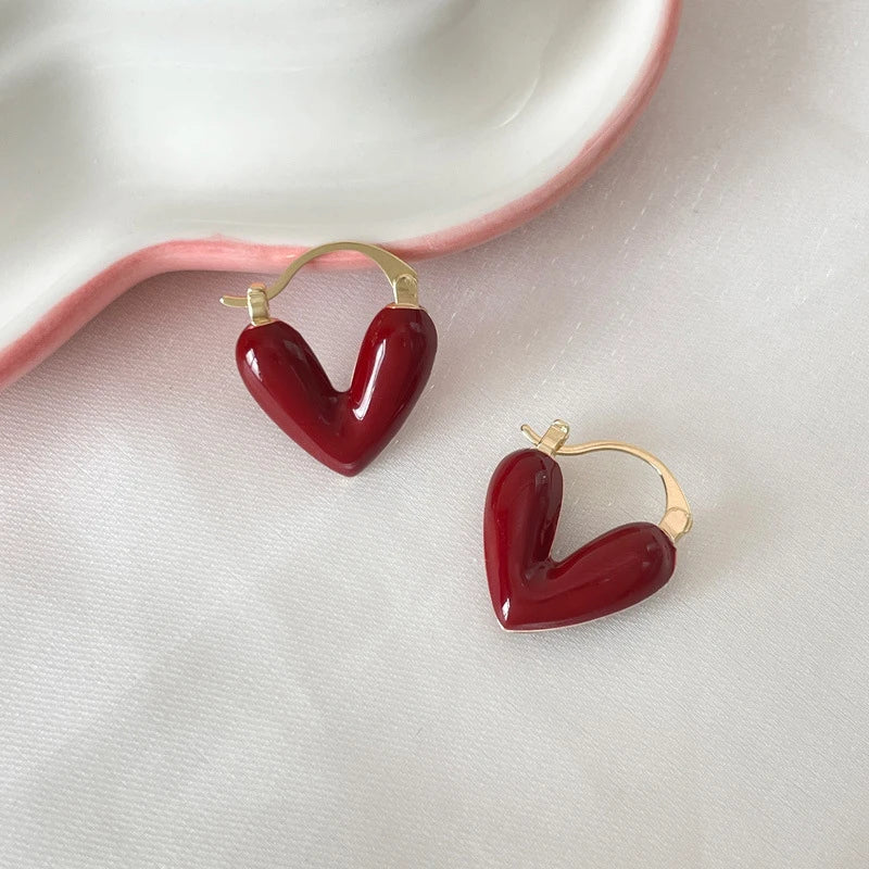 French Romantic Wine Red Enamel Heart Shaped Pendant Earrings