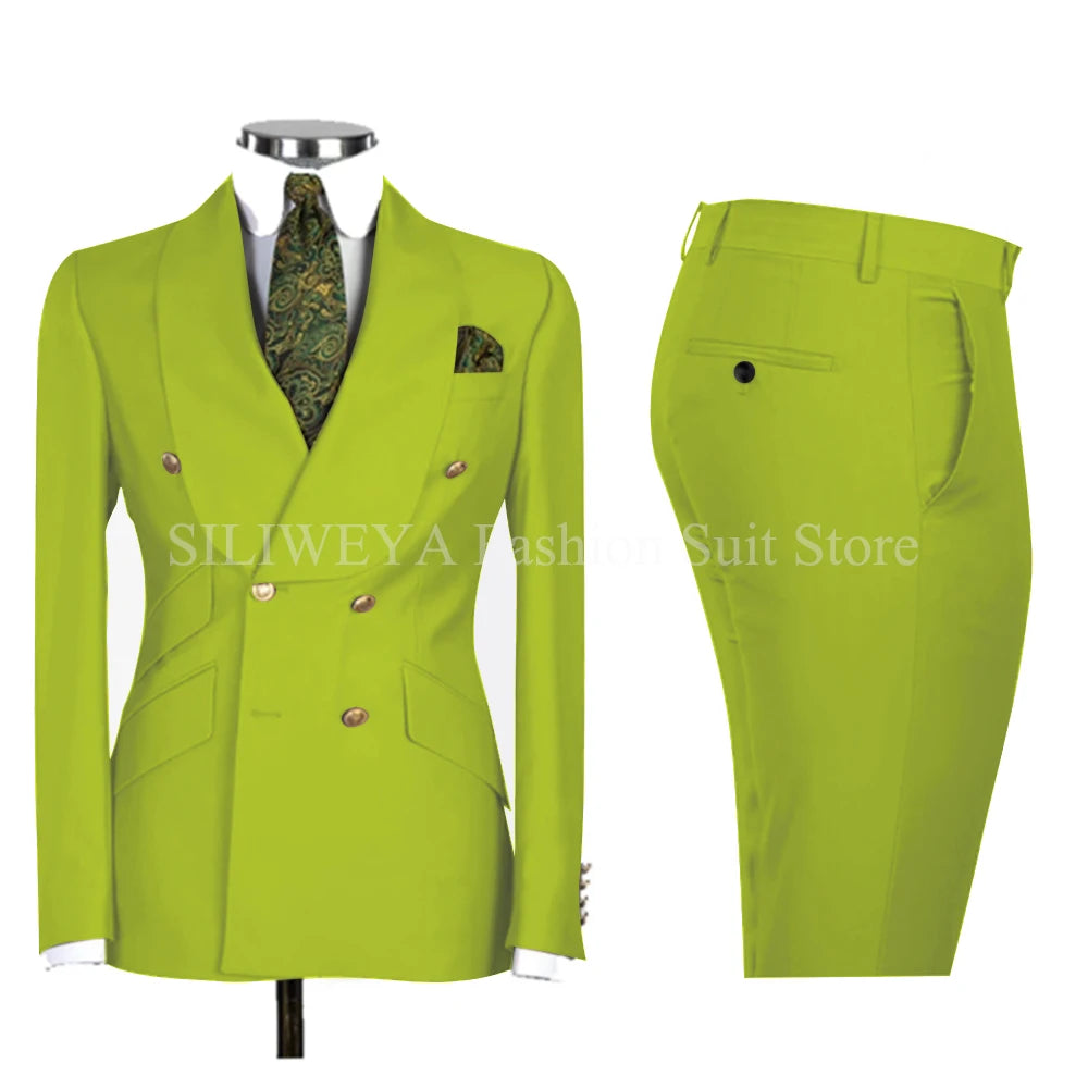 Gold Men Business Casual Men's Suits Jacket Pants Set Male Blazer Coat Pants 2PCS Slim Fit Suits