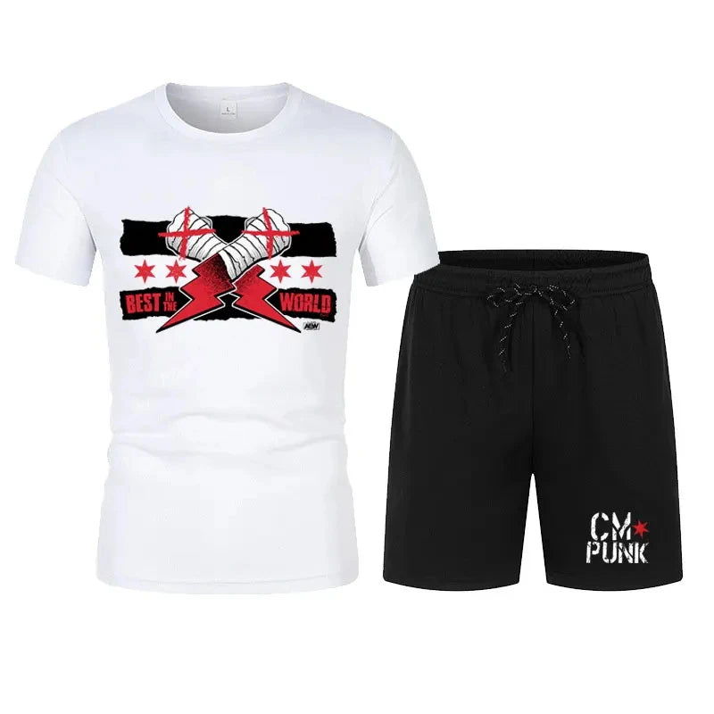 Men's black CM return punk T-shirt shorts suit summer short-sleeved men fashion comfortable loose clothing suit