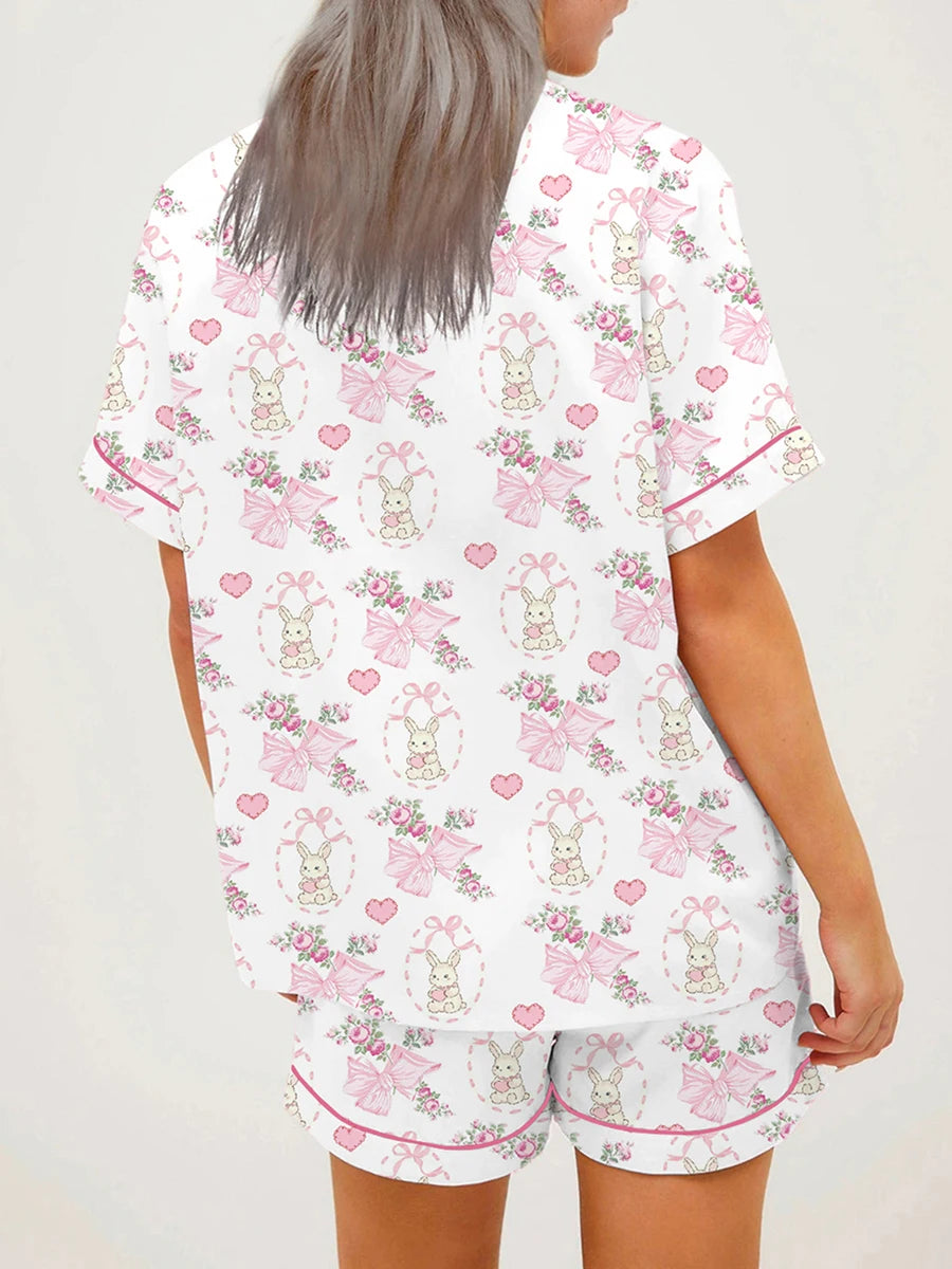 Women s Pajama Set with Cute Bunny Print Short Sleeve Button-up Top and Shorts 2 Piece Lounge Outfit