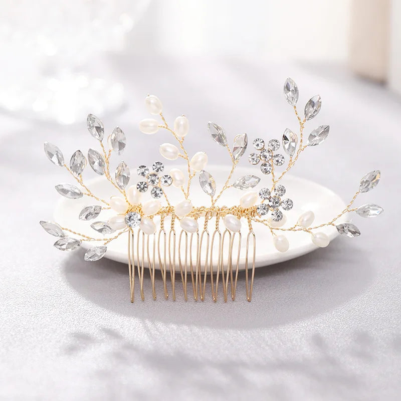 Crystal Pearl Hair Comb Clip Pin Alloy Leaf Hair Comb Handmade Headband For Women Bride Wedding Hair Accessories Jewelry
