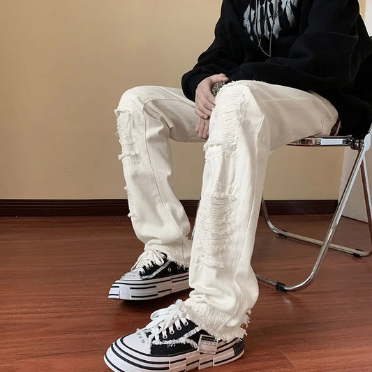 Fashion Stretch Patch Jeans Patchwork Creative Tassels Decoration Straight Denim Trousers  Jean Pants