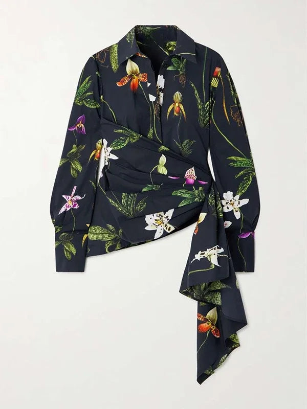 Women‘s Elegant Shirts & Blouses Spring Autumn Long Sleeve Flower Print Asymmetric Office Daily Top Woman Clothing