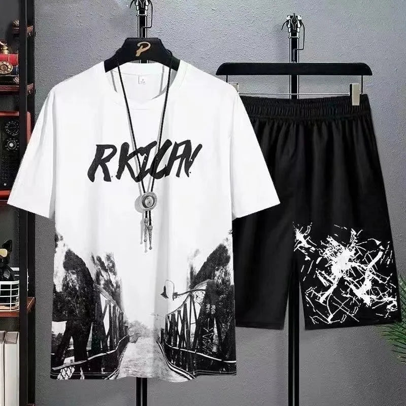 Summer leisure Men set Manga Graffiti Tees T-shirt + shorts 2-piece Comfortable and breathable for men Top Print T-shirts sets