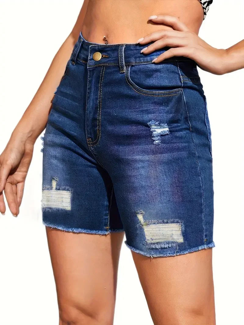 Women Stretch Slim Denim Shorts Pocket Casual Ripped Denim Shorts