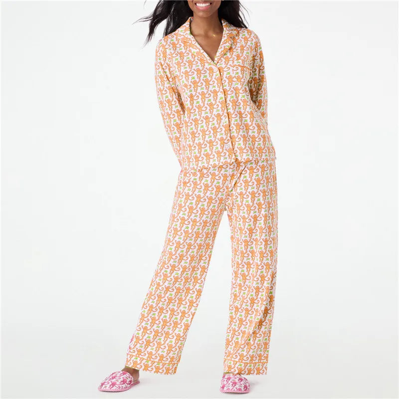 Roller Rabbit Monkey Pajamas Preppy Pjs Pants Sets For Women  Long Sleeve Pajamas Set 2 Piece Loungewear