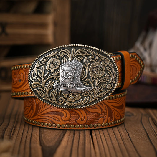 Men - Women - Western Denim - pu leather - Belt - Vintage jeans with floral carved boots buckle belt